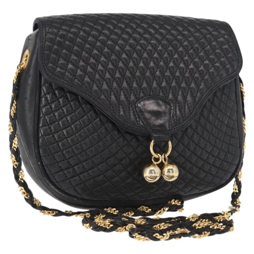 Authentic BALLY Chain Shoulder Bag Leather Black Gold
